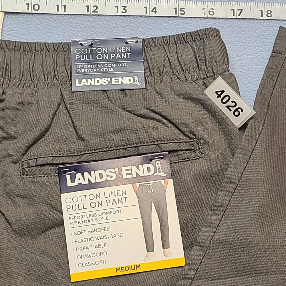 Lands' End Pull On Pant Mens Medium Olive Green Cotton Linen Drawcord Classic